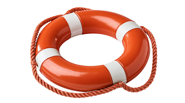 Orange and white circular lifebuoy with attached brown rope