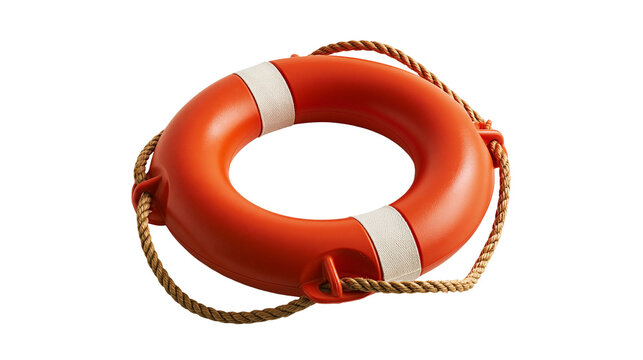 Bright orange lifebuoy ring with white straps and textured brown rope
