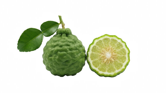 Fresh Kaffir lime fruit with leaves and a sliced half showing juicy pulp isolated on transparent background