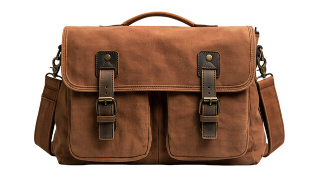 Brown canvas messenger bag with leather straps and brass buckles
