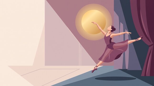 Ballet dancer leaping across stage toward spotlight