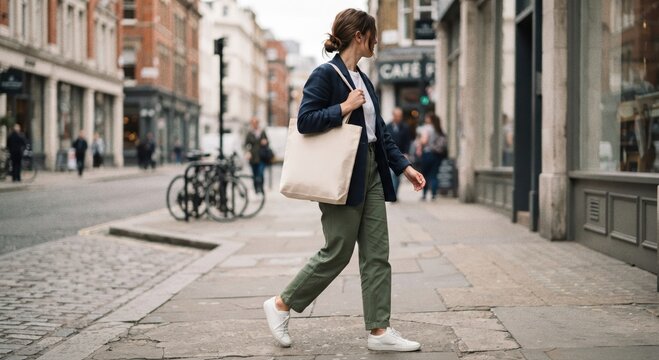 Woman Carrying Blank Canvas Tote Bag Mockup on City Street