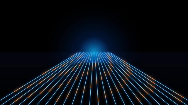 Abstract digital background with glowing blue and orange parallel lines converging into a bright light source in the distance