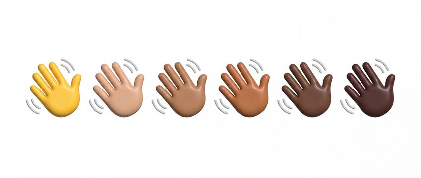 Set of six waving hands with different skin tones isolated on a white background with tones lined horizontally showing waving gesture rendered hand icons