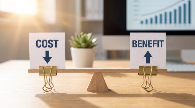 White cards displaying cost and benefit text balanced on wooden beam scale with gold binder clips for business analysis concepts