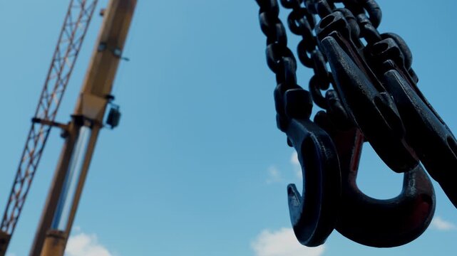 Close up of heavy duty crane hooks and steel chains suspended from lifting equipment at an industrial worksite. Rigging hardware for heavy lifting, construction and cargo handling.