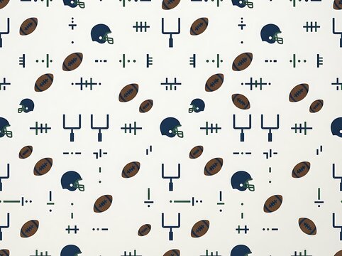 Minimalist football pattern background featuring brown balls helmets and field goal post silhouettes.