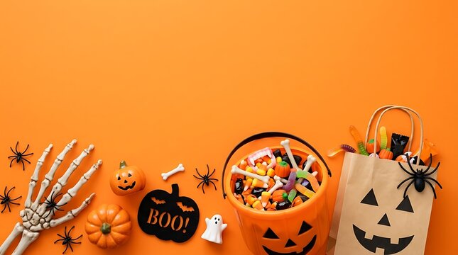 Halloween candy collection with trick or treat bag and pumpkin bucket