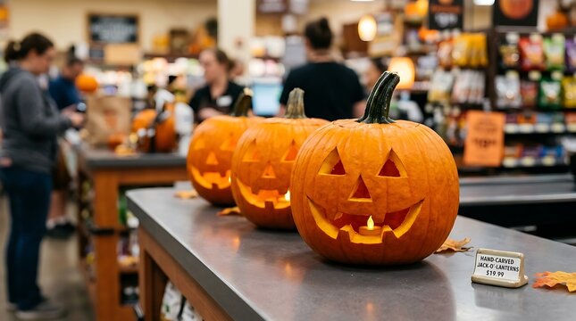 Halloween Jack-o'-lanterns carved pumpkins with glowing candles on a store counter