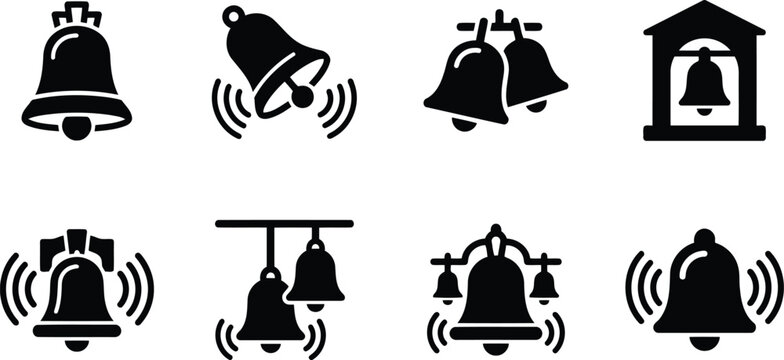 Collection of ringing bell icons including alarm bells handbells and church bell silhouettes with bell icon
