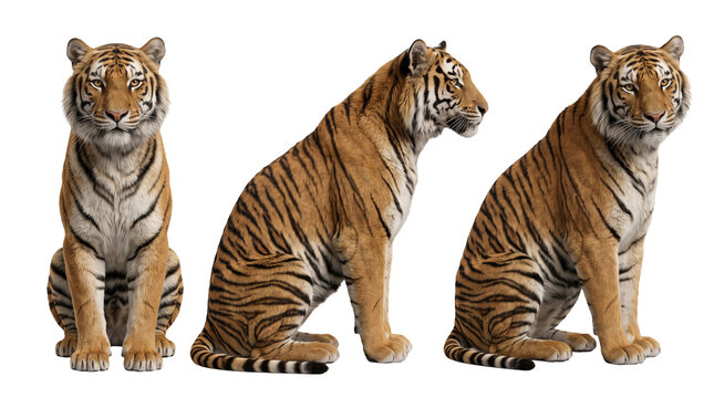 Three Poses of Bengal Tiger on Isolated Transparent Background