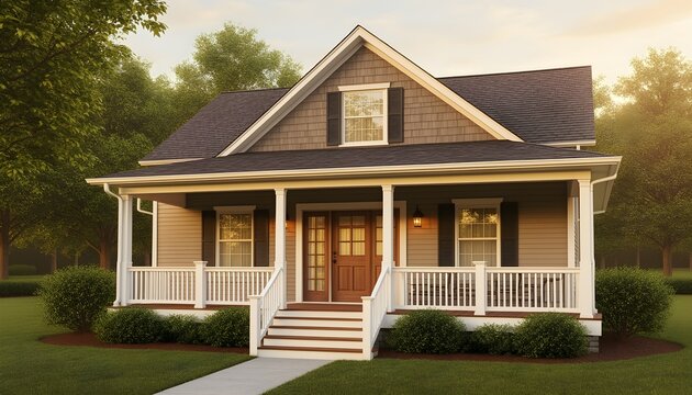 A craftsman-style home with a welcoming front porch, warm afternoon light