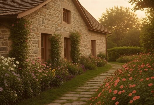 A cozy cottage with a stone pathway and flower garden, warm soft daylight