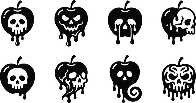 Set of halloween poison apple icons with skulls skull icon spooky fruit creepy apple evil fruit dripping liquid