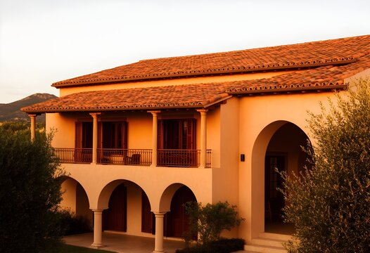 A Mediterranean-style villa with terracotta roofing and archways, warm golden light