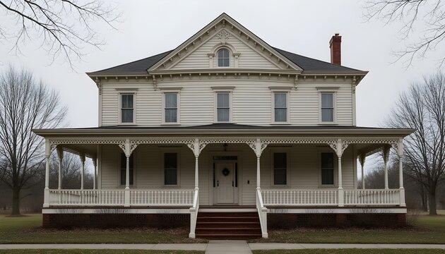 A Victorian-style house with ornate trim and a wraparound porch, soft overcast light