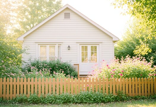 A charming bungalow with a picket fence and blooming garden, bright soft light
