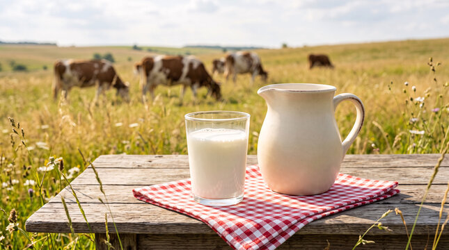 Verre et pichet de lait frais sur une table en bois