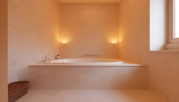 A spa-like bathroom with a soaking tub and marble tile, soft warm light