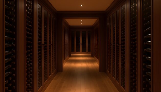 A wine cellar with wooden racks and ambient lighting, warm dim light