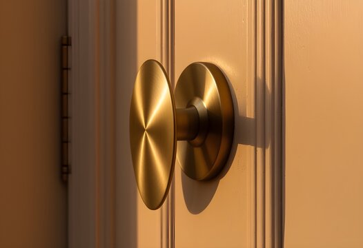 A close-up of a modern brass door handle on a painted front door, warm afternoon light
