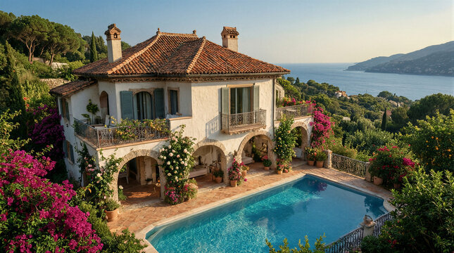 French Riviera Menton coastal villa with thick white plaster walls and traditional terracotta roof overlooking sea pool