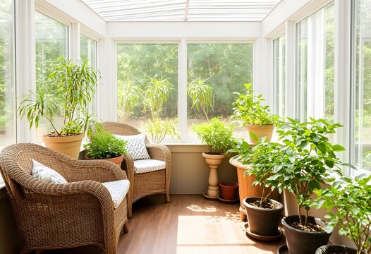 A sunroom with wicker furniture and abundant potted plants, bright natural light
