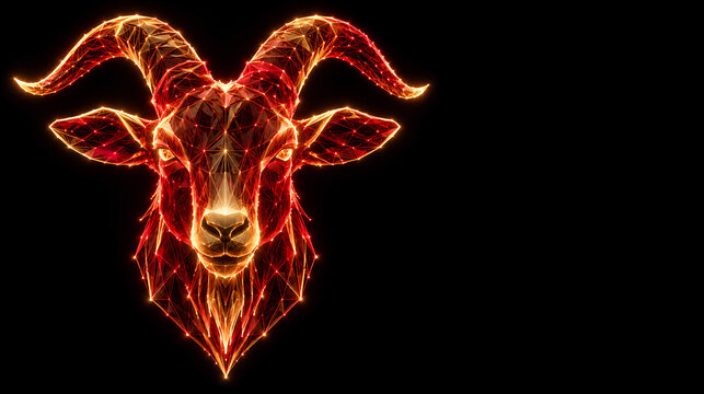 Futuristic wireframe goat head made of glowing neon red and gold lines