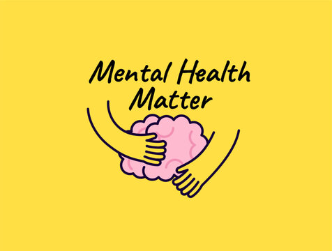 Mental health matters illustrated with caring hands embracing a pink brain simple cartoon concept for emotional wellness, self care, awareness, support, and mindfulness vector