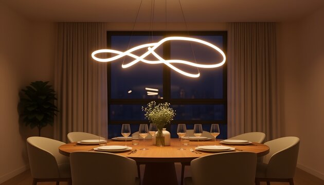 A modern light fixture hanging above a dining table, warm evening light