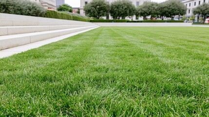 Obraz premium Freshly mowed green lawn with striped patterns beside concrete steps in an urban park