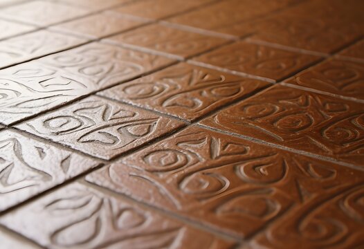 A close-up of patterned encaustic floor tiles, soft natural light