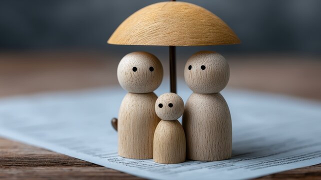 family protection concept with wooden figures and umbrella