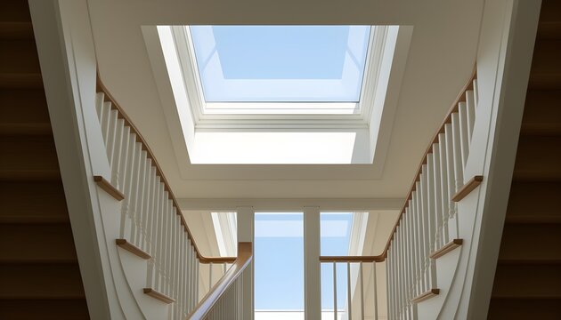 A skylight window bringing natural light into a stairwell, bright daylight