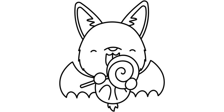 Cute bat coloring page featuring a happy creature holding a swirly lollipop for childrens art projects and festive halloween craft