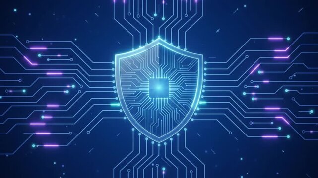 Abstract cyber security concept featuring a glowing digital shield with circuit board patterns and glowing connections