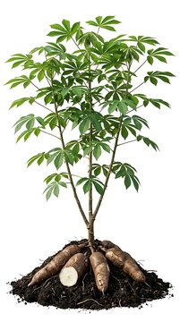 Fresh cassava plant with green leaves and edible tubers on soil isolated on white background