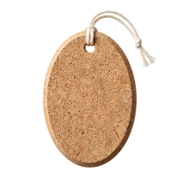 Natural cork product hang tag with a refined oval silhouette, cotton cord attachment, and realistic cork texture, ideal for sustainable, organic, handmade, and artisan packaging concepts.