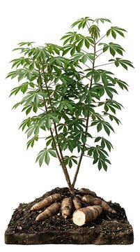 Cassava Plant with Edible Root Tubers Growing in Soil Isolated on White Background for Agriculture