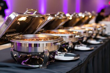 Obraz premium The Chafing Dishes Buffet Display Featuring Stainless Steel Warmers and Lids