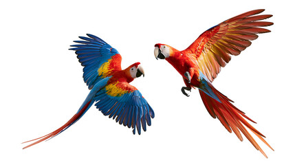 Two vibrant scarlet macaws flying with wings spread wide © Isadora