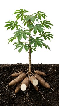 Cassava Plant with Green Leaves and Fresh Tuberous Roots Growing in Soil Isolated on White Background