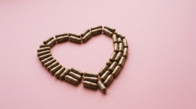 Heart shaped arrangement of medicinal capsules on a pink background symbolizing health and wellness