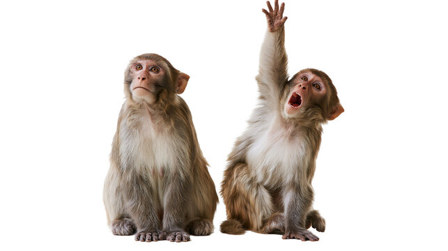 Two rhesus macaques sitting together with one monkey raising its hand and yawning