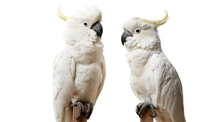 Two white Sulphur-crested cockatoos perched on wooden sticks © Isadora