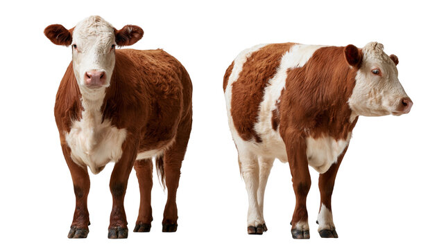 Two brown and white spotted cows standing in profile and front view