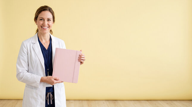 A smiling female doctor wearing a white lab coat and blue scrubs holds a light pink medical ad social media download thambnail poster web template event festival 2026 2027 2028