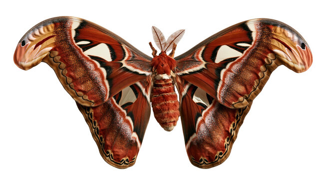 Attacus atlas moth with large patterned brown and orange wings