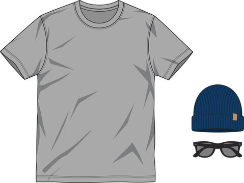 Blank grey t shirt mockup template with blue knit beanie hat and sunglasses isolated casual clothing set