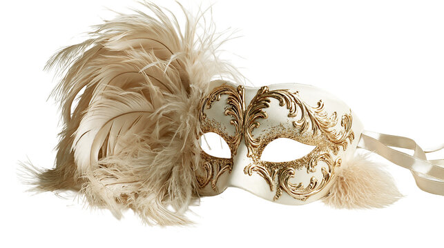 White and gold Venetian masquerade mask with ornate filigree and beige feathers